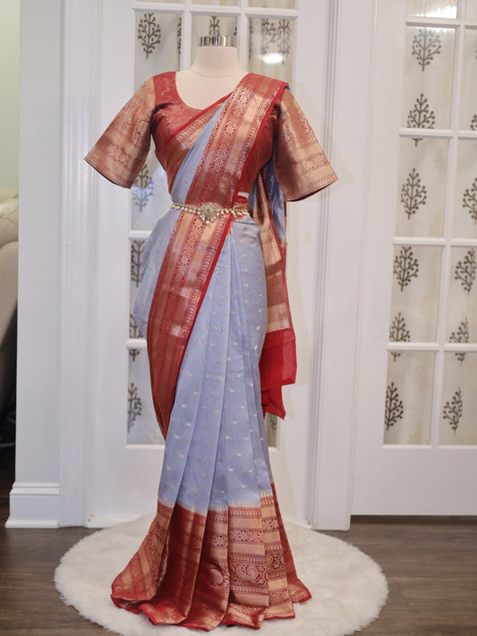 Pure Chanderi Silk Saree with Stitched Blouse in Grey metallic color