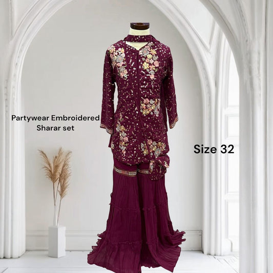 Rich maroon Sharara set with delicate floral sequin embroidery. Stylish long kurta with sequin details  Perfect fit for girls 6 to 8 yrs