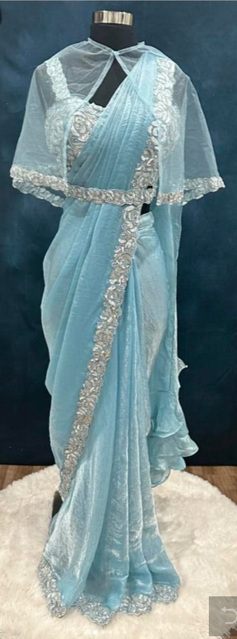 Gorgeous Dazzling Partywear One Min saree/ Ready to wear saree with lightweight cape in Blue shade. Size 38/40 ready to ship