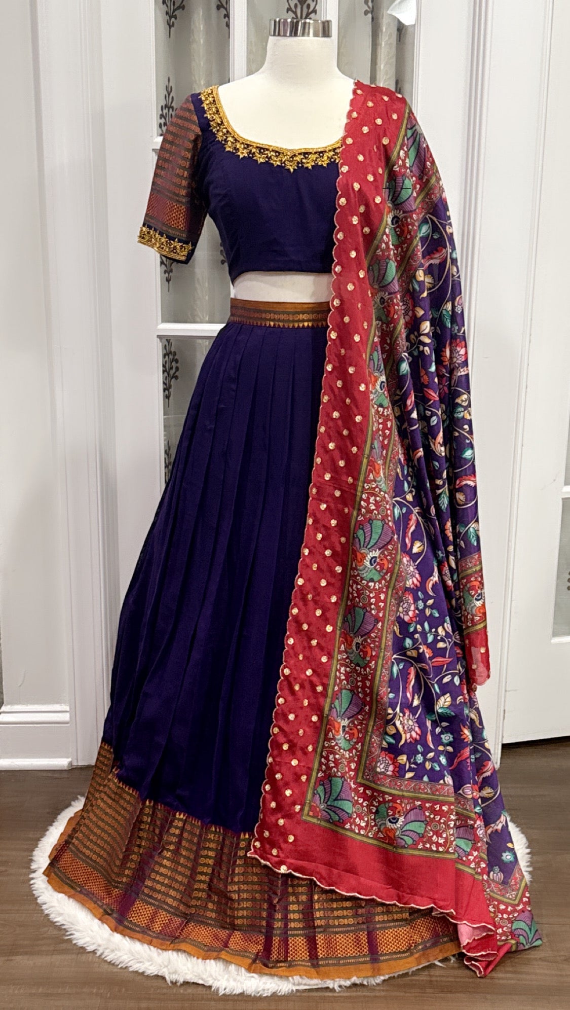 Dark Purple Narayanpet cotton half saree with Maggam work blouse stitched set