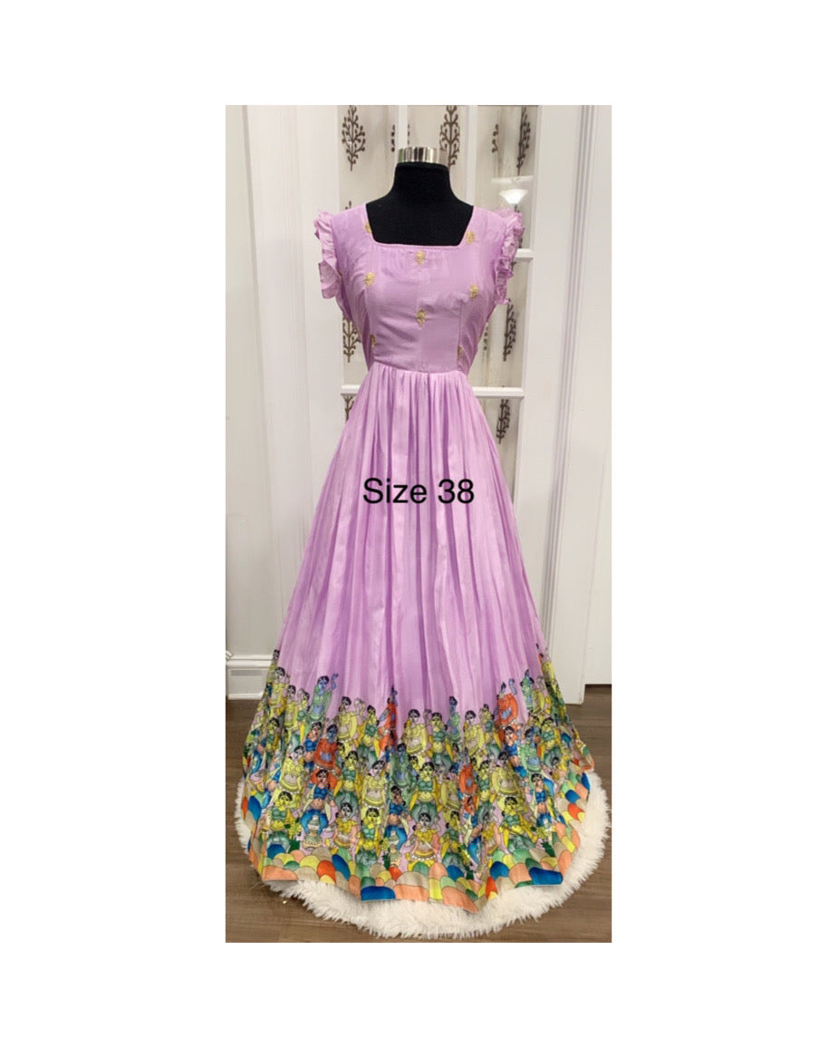 Lavender color Dola silk Kalamkari long gown Med 38 length 55