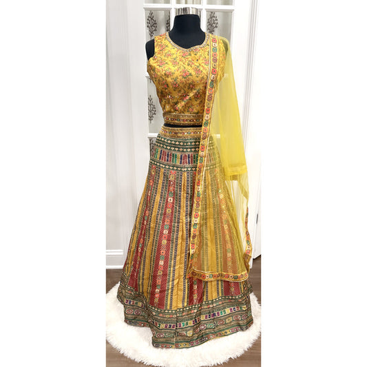 Elegant Light weight Haldi silk lehanga outfit with net dupatta mirror work ready to ship budget friendly size 42