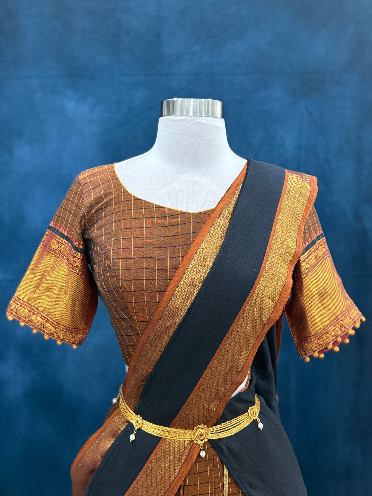 Traditional customized narayanpet cotton half saree , langa voni in brown checks and black color combo size 38 to 42