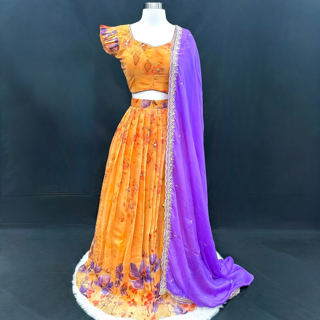Customized Organza Lehenga / Half Saree in Orange and Purple | Floral Partywear Lehenga | size 36 to 40  | Ready to Ship from USA |