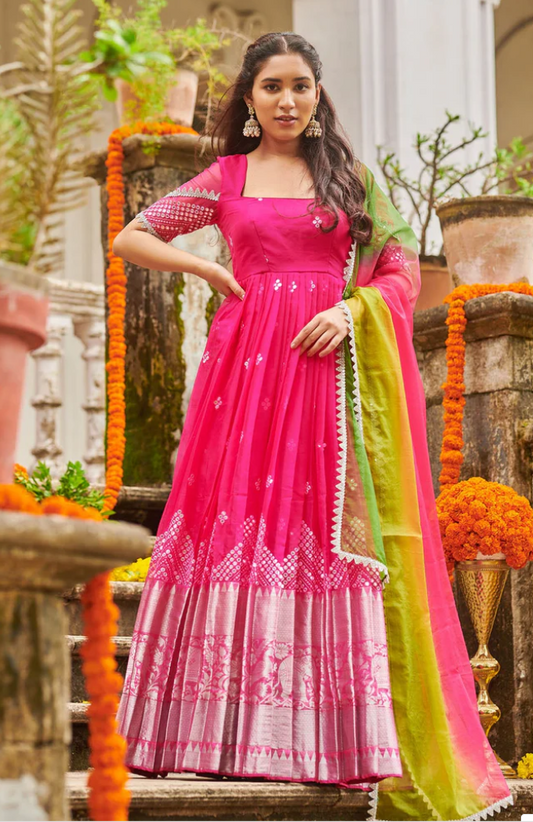Vivid Magenta Organza Anarkali Dress with Mirror Embroidery and Designer Silver Laces Partywear dress