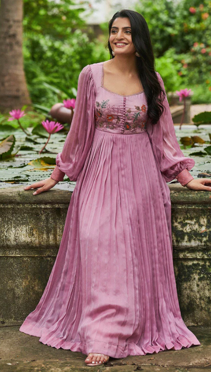 Chinon Charming Sugary Pink Long Gown with hand work Floral Hand Embroidery - Size Medium (38) - Length 55 inches