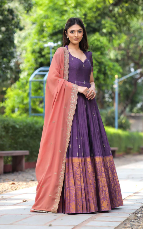 Handloom Cotton Long Dress with Zari Border and Georgette Dupatta - Size 38, Length 55 inches