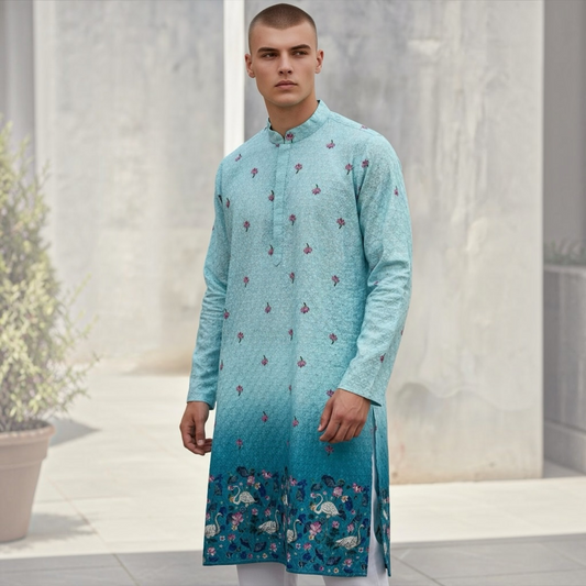 Lovely Designer Kalamkari sequin partywear Kurta. Ready to wear kurta with white Pajama. Available in size 42.