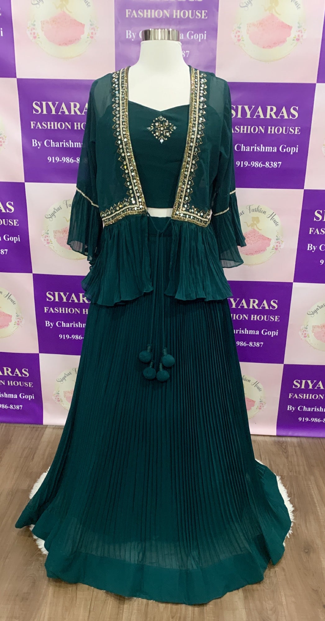 Designer Party Wear/Cocktail Crop Top with Jacket with hand work and  mirror work bell sleeves |Reception Dress| Bollywood Dress