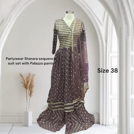 Elegant Mauve  Partywear Sequin Sharara Set | 3-Piece Suit | Palazzo Pants | Size 38 | Length 48 in