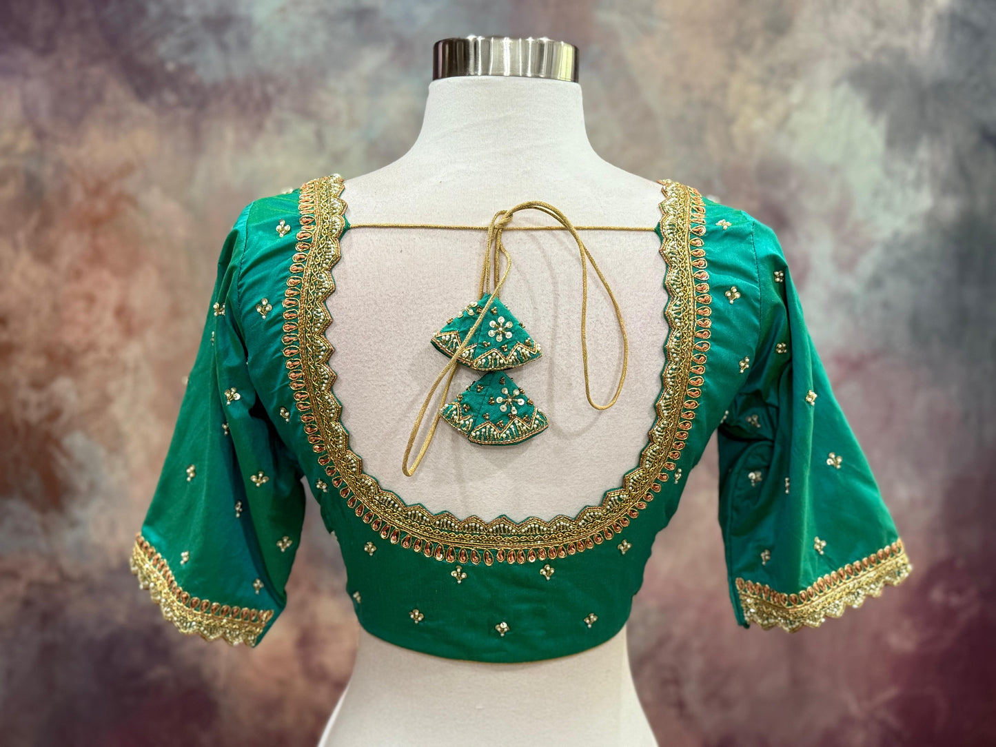 Beautiful Kanchi Pattu Saree with Hand work on blouse. Available in size 40 to 44. Can be altered to your size.