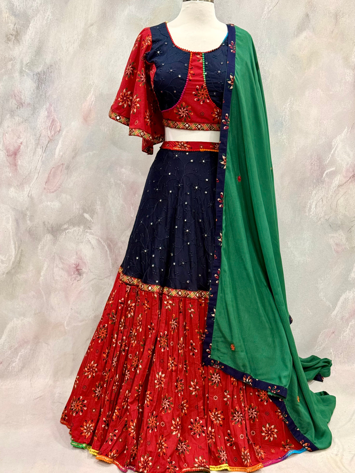 Stunning Beautiful cotton chaniya choli red and navy blue combo. Available in size 38/40/42.