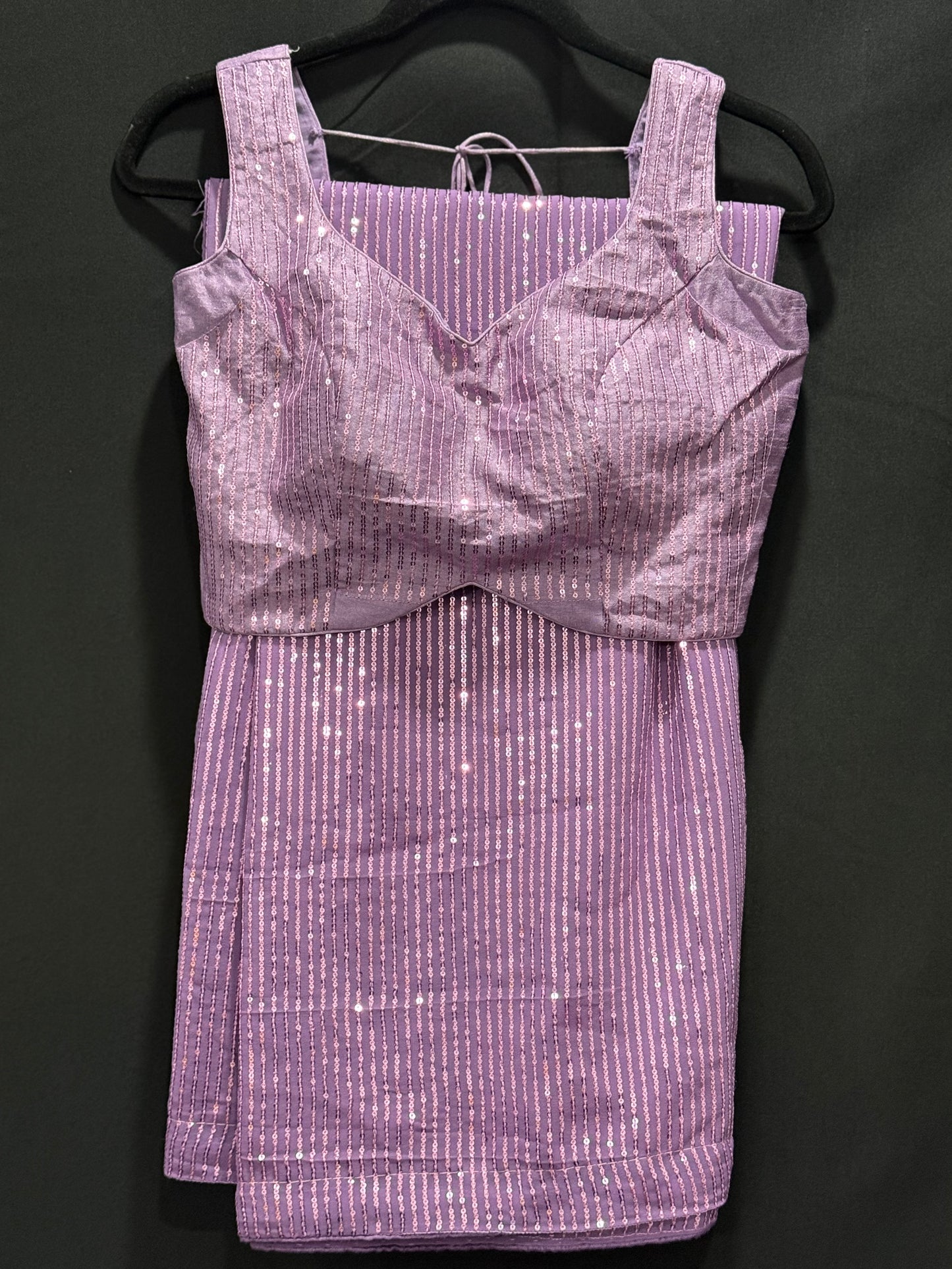 Elegant Georgette Lavender Sequin partywear  Saree with stitched designer blouse sleeves size 36-40 fall pico done ready to ship USA NC