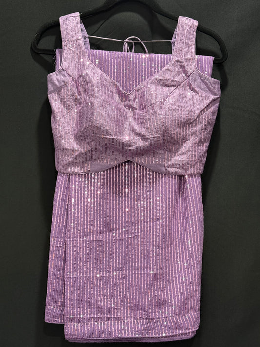 Elegant Georgette Lavender Sequin partywear  Saree with stitched designer blouse sleeves size 36-40 fall pico done ready to ship USA NC