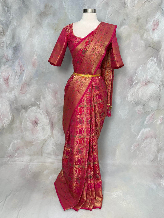 Pink Bandhini Saree with Swathi Work | Rich Zari Pallu | Stitched Blouse 36-40 | Wedding & Festive Wear | Ready to Ship USA