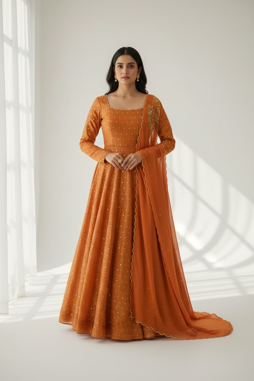 Beautiful Teens party wear Anarkali Tissue long gown available in size 34/36. Perfect for wedding/ sangeeth/ birthday , length 50 in