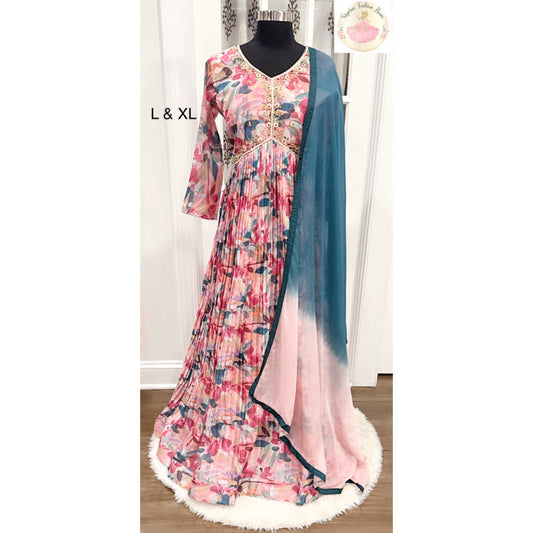 Beautiful Alia Cut floral pattern Long gown in silk fabric  with light weight soft chiffon  Dupatta in dual shade