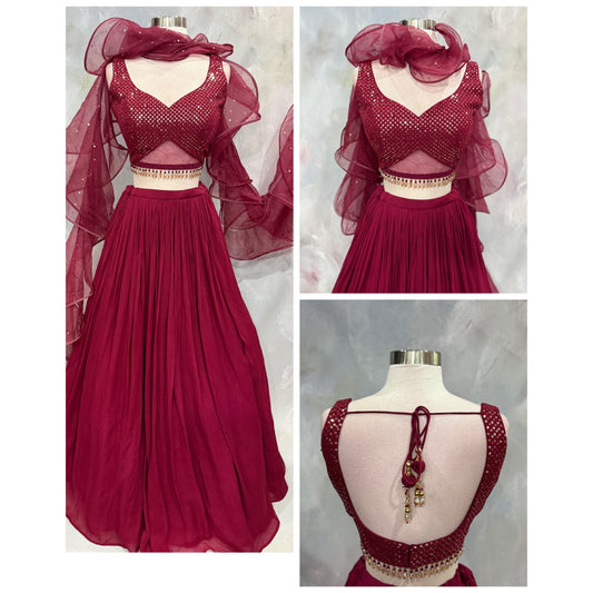 Wine-Hued Glamour Indowestern Croptop Georgette  Lehanga with Ruffle organza dupatta size 36/38 stylish blouse bead embellishments