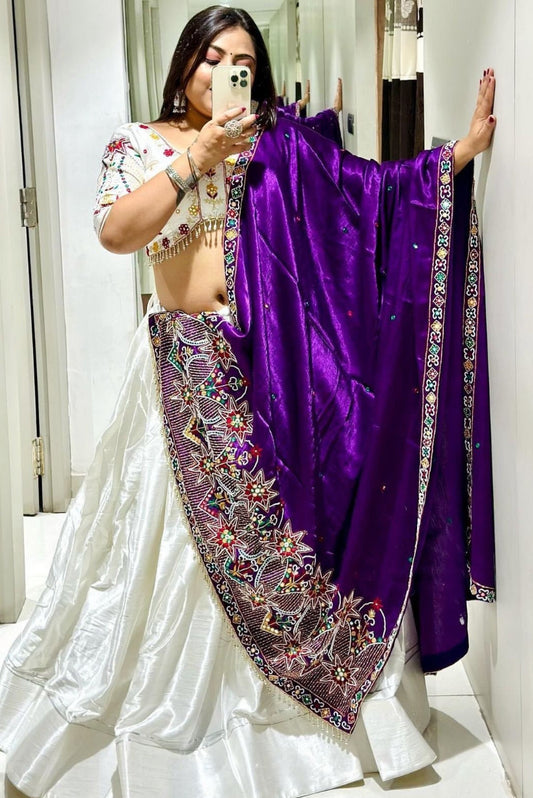 Clearance saleElegant White & Purple Chaniya Choli - Chinon Fabric with Heavy Embroidery  Sequins - Navratri Special - Sizes M (38)