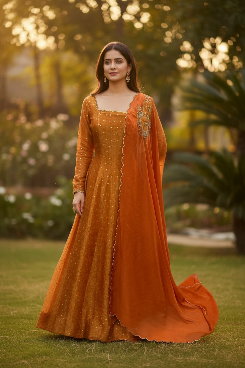 Beautiful Teens party wear Anarkali Tissue long gown available in size 34/36. Perfect for wedding/ sangeeth/ birthday , length 50 in