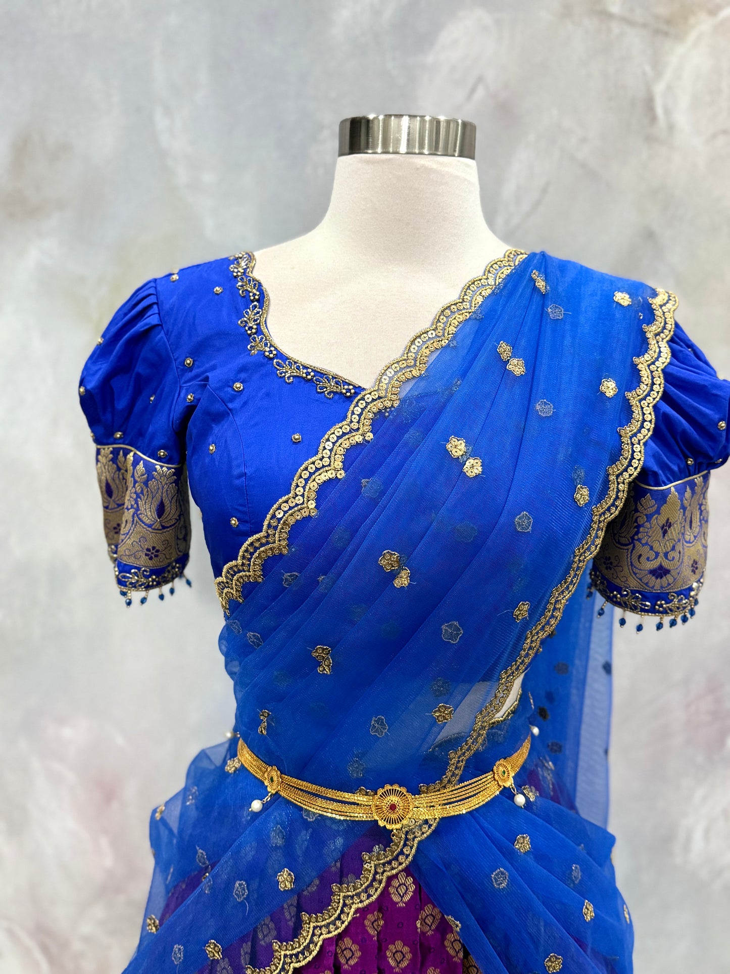 Beautiful Customized Banarasi silk half sarees in magenta purple and blue  hues Maggam work blouses and bead embellishments size 38 to 42