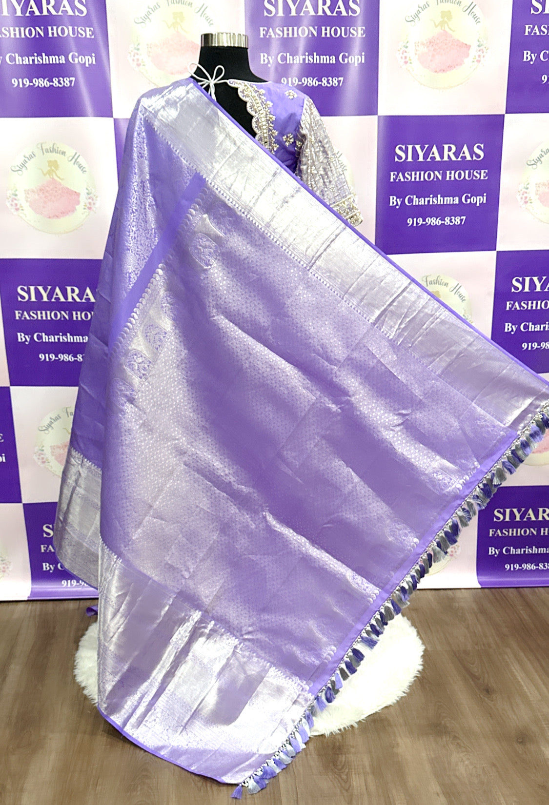 Lavender Pure Kanchi Pattu Saree (silk mark certified) with elegant Maggam work blouse with silver Zari border