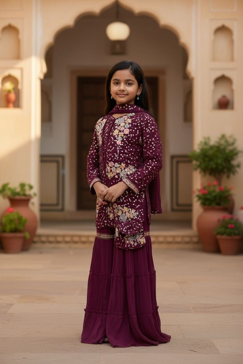 Rich maroon Sharara set with delicate floral sequin embroidery. Stylish long kurta with sequin details  Perfect fit for girls 6 to 8 yrs