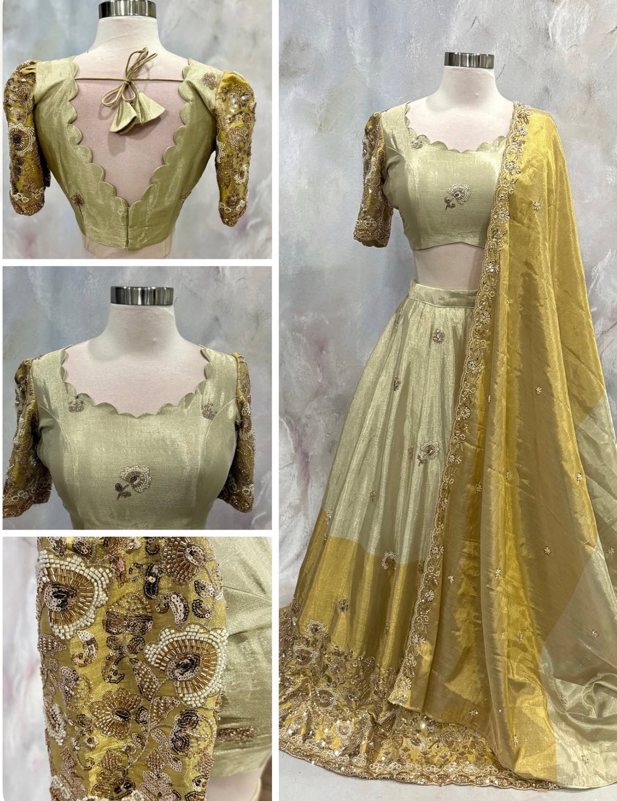 ✨ Latest Drop. Customized Tissue Lehenga ✨
💛 Dual-Shade Gold | Half & Half Pattern 💛
🌟 Luxurious tissue fabric with an elegant two-tone gold look
💎 Heavy Beads & Cutdana Work beautifully embellished on it. Size 38 to 40.