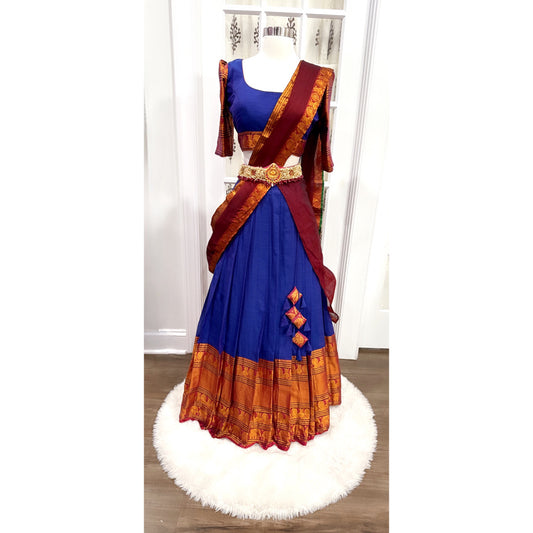 Traditional  Royal blue/maroon pure Narayanpet cotton teens half saree/langa voni