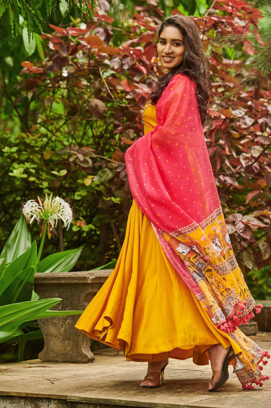 Beautiful 2pc yellow Haldi hand work Anarkali gownsuit Set with pichwai dupatta and matching pant Size small 36 Ready to ship USA