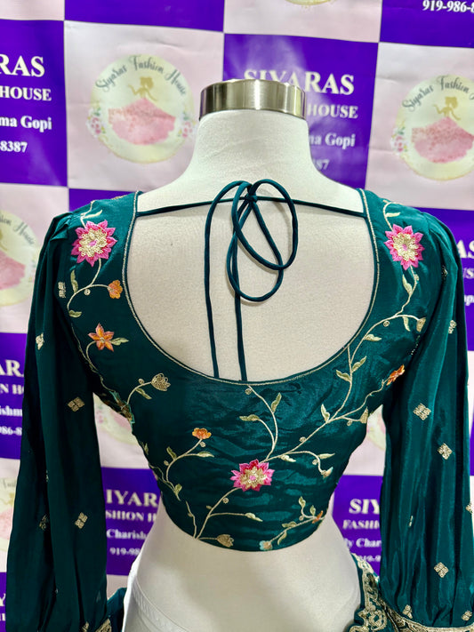 Gorgeous teal blue Lehanga Choli  with  multi color sequence embroidery size 40 in chinon fabric, Partywear Sress Ready to ship USA