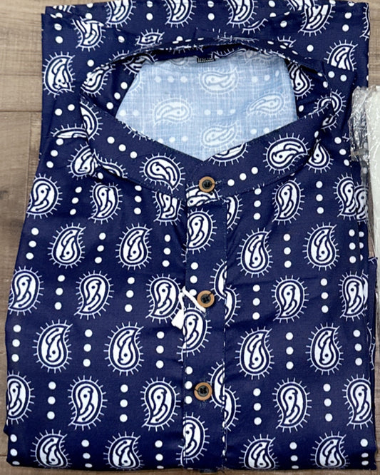 Men’s blue cotton Kurta pyjama print pattern white pant size 44