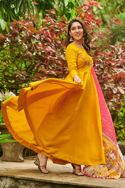 Beautiful 2pc yellow Haldi hand work Anarkali gownsuit Set with pichwai dupatta and matching pant Size small 36 Ready to ship USA