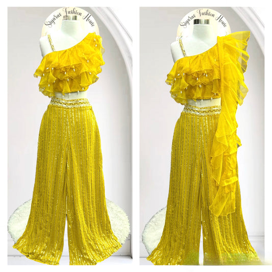 Beautiful Haldi /Party wear dress with  sequin Pallazo pant and raffles top styled with raffle Dupatta. Available in size 38(Medium)