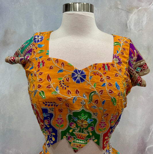 Beautiful Customized Position Print Designer Lehenga. Perfect for weddings, festive.                      Available in chest size 40 to 46.       Skirt waist 32 to 34.