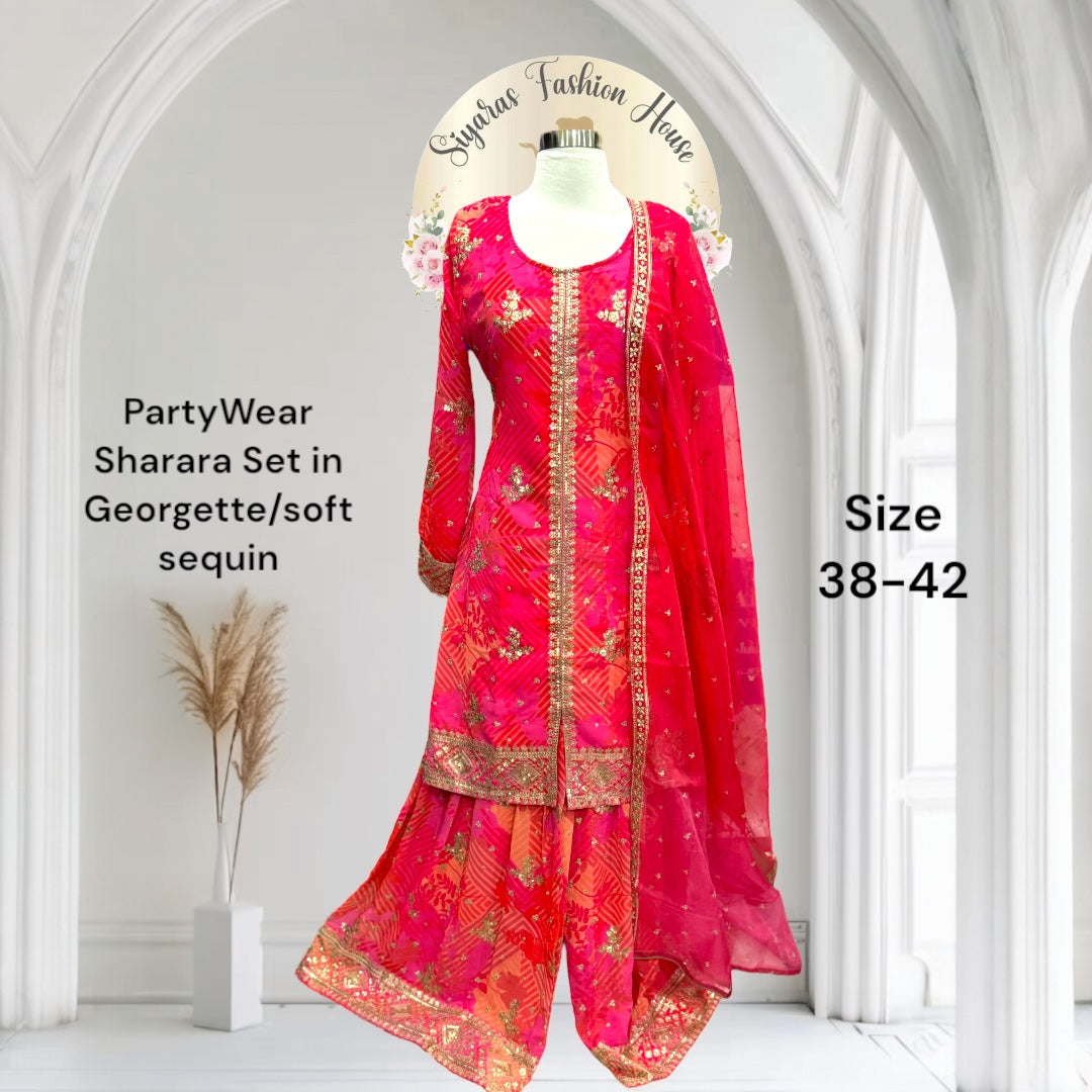 Elegant trendy Pink sequence Georgette Suit Set for Wedding & Partywear - Size 38
