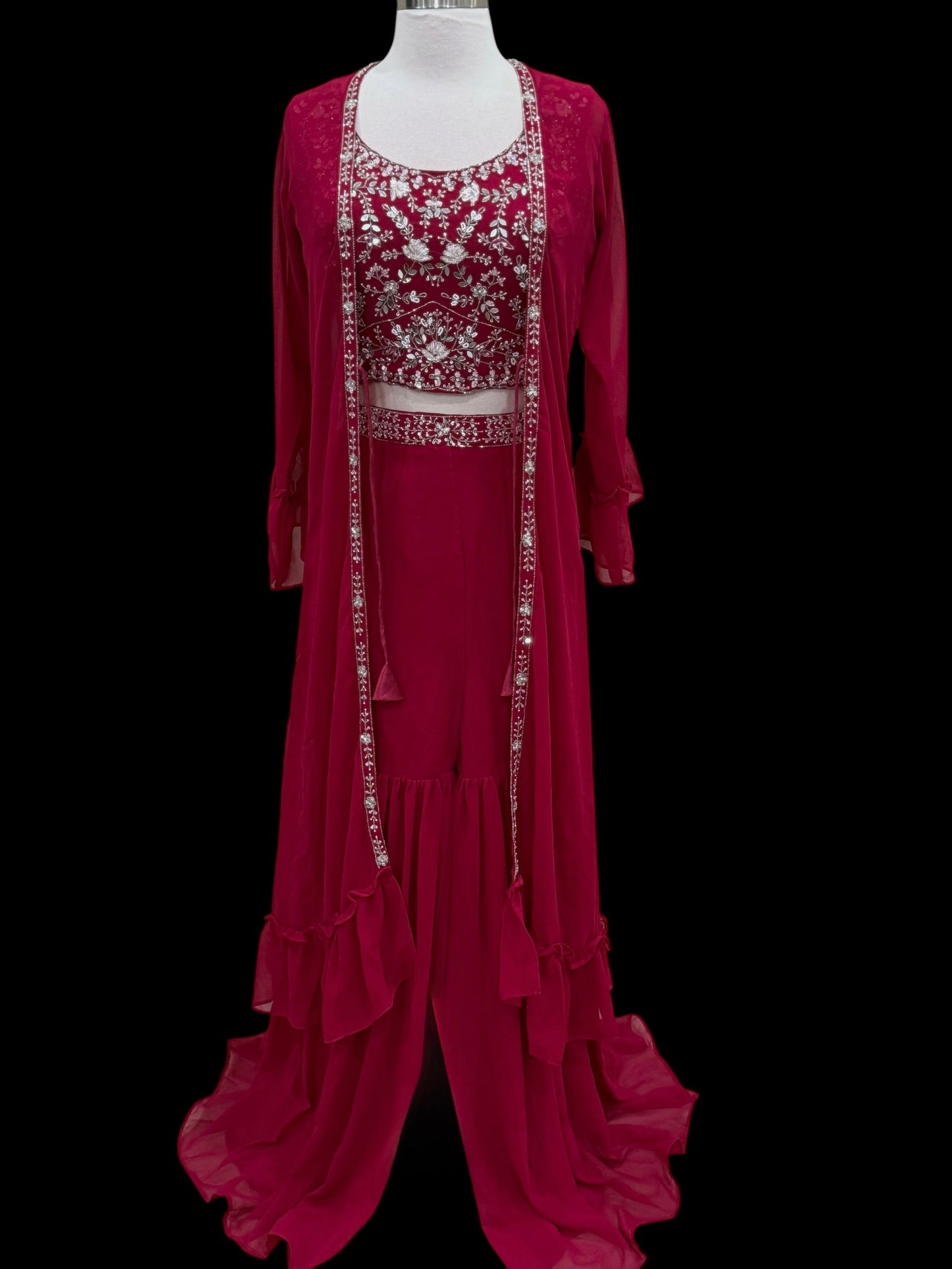 Beautiful party wear Crop top Palazzo set with the jacket. Available size is 36.