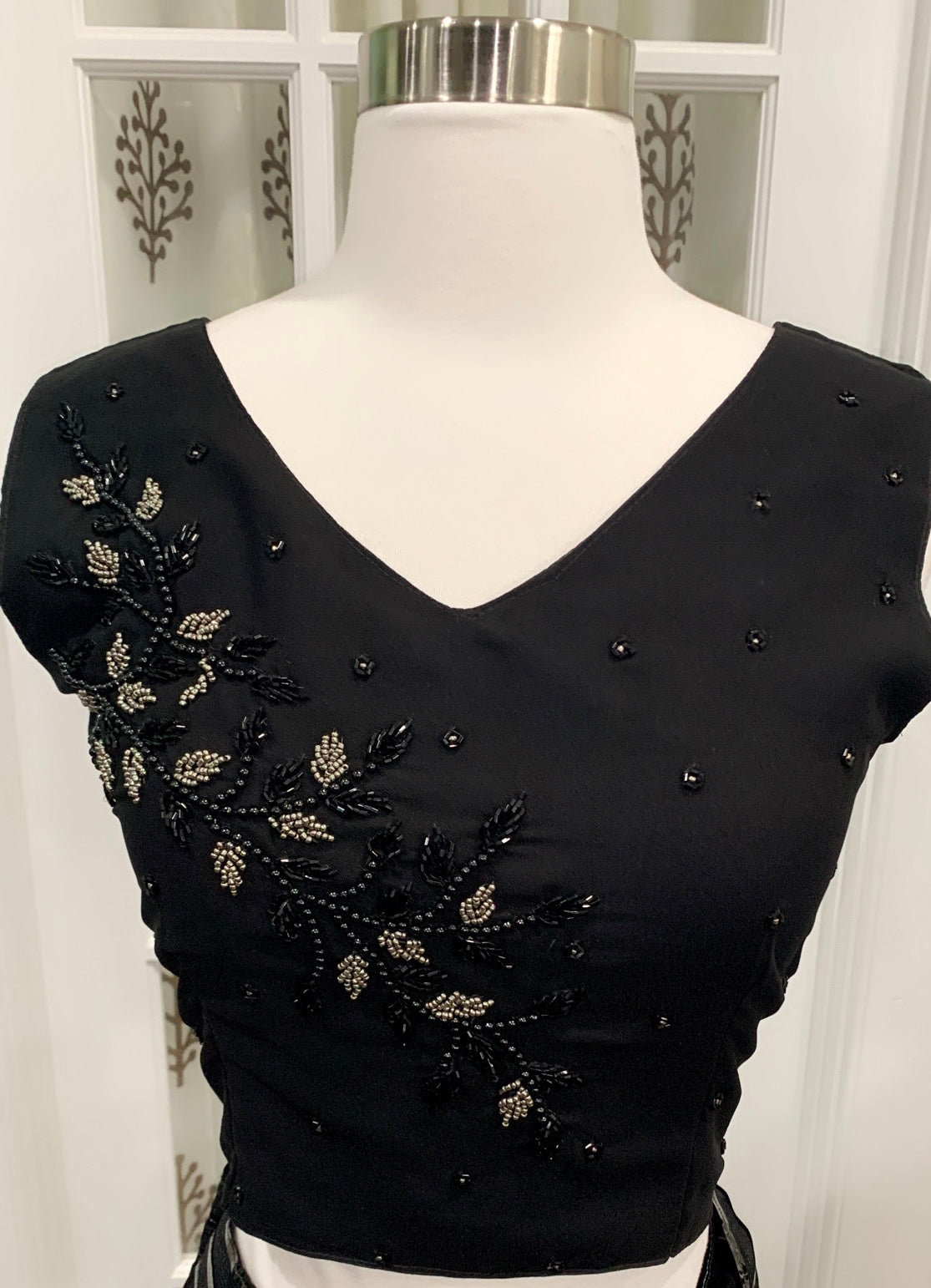 Black IndoWestern one min saree work Croptop with elaborate metallic drape style lehanga attached  2 piece set size 40