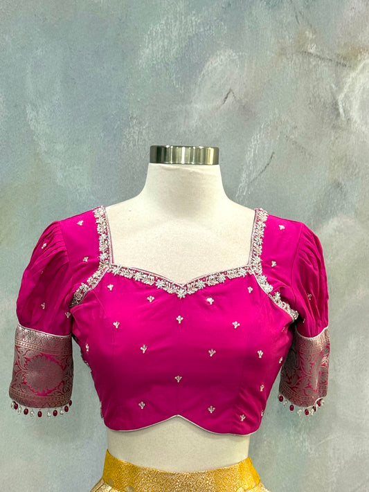 Beautiful Customized Banarasi silk half sarees in yellow and magenta pink hues Maggam work blouses and bead embellishments size 34 to 38