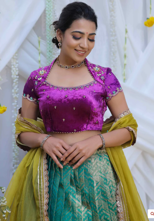 Stunning Velvet Banarasi Half saree Pattu langa voni with maggam work blouse for teens/adults wedding/Half saree function Grand Partywear dress Free ship USA
