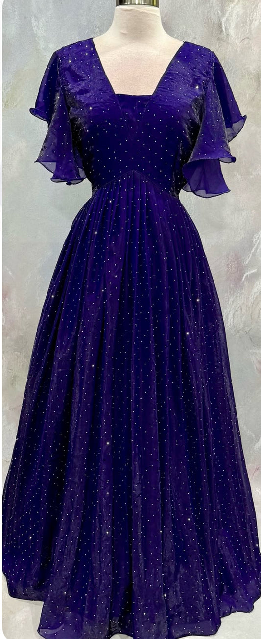 Customized Long gown premium tissue fabric with all over swaroski stone work elegant Partywear dress size 38/40