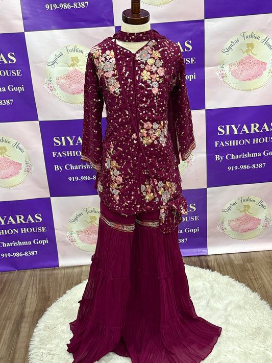 Rich maroon Sharara set with delicate floral sequin embroidery. Stylish long kurta with sequin details  Perfect fit for girls 6 to 8 yrs