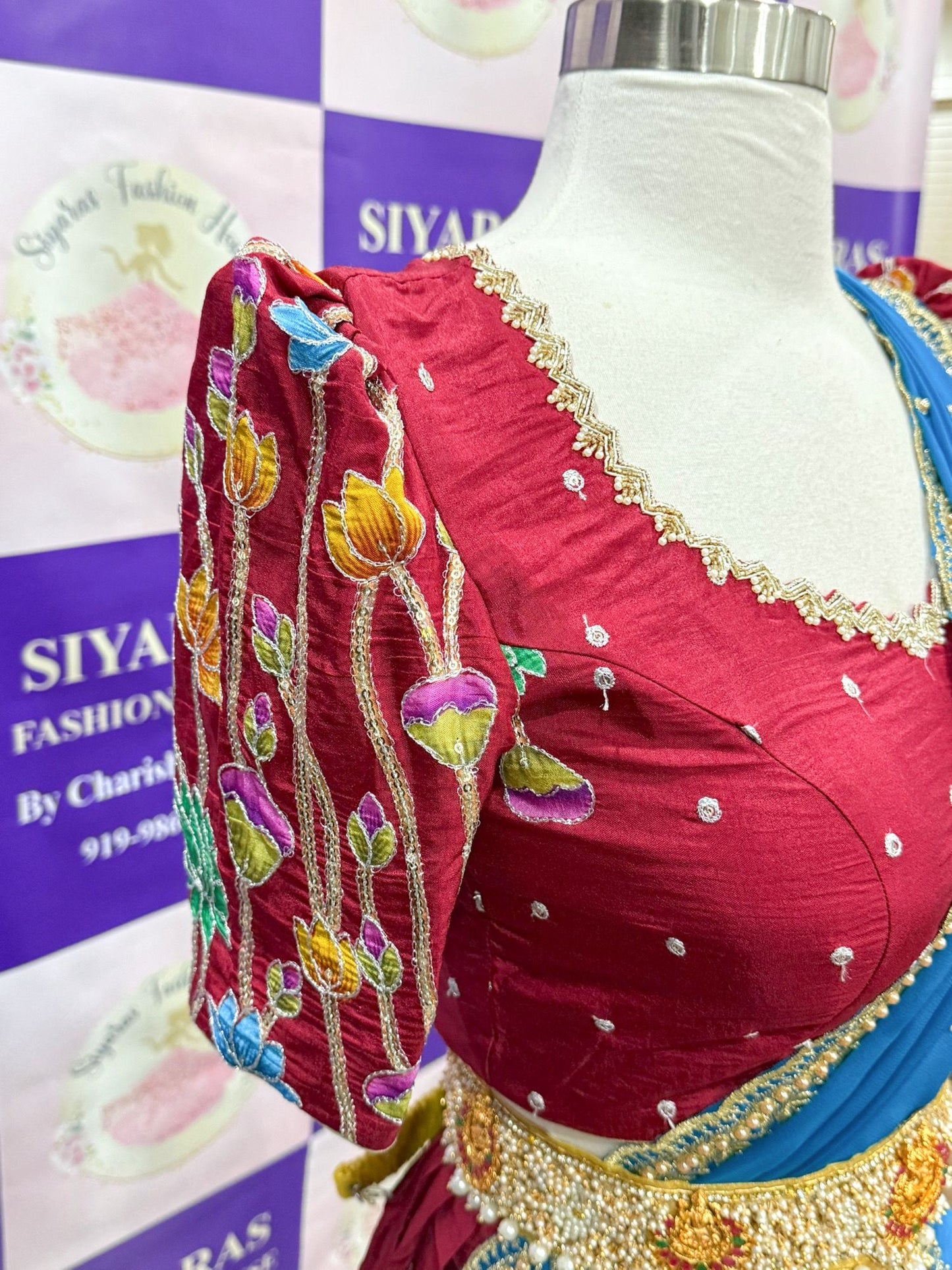 This stunning customized Kalamkari all-over work Half Saree / Langa Voni is crafted to perfection with vibrant sequence  embroidery work and elegant detailing designed Maggam work blouse (Size 36–40)