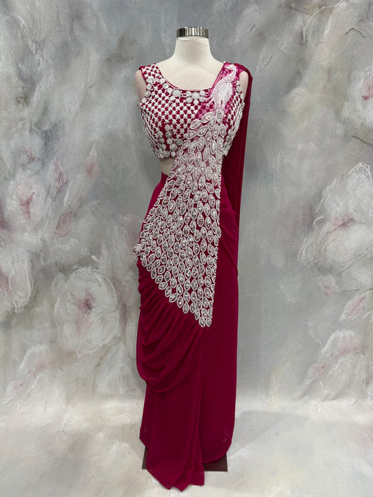 Elegant Pink Indowestern Drape style Lehanga with work top in Georgette fabric easy to wear wedding Partywear dress size 36