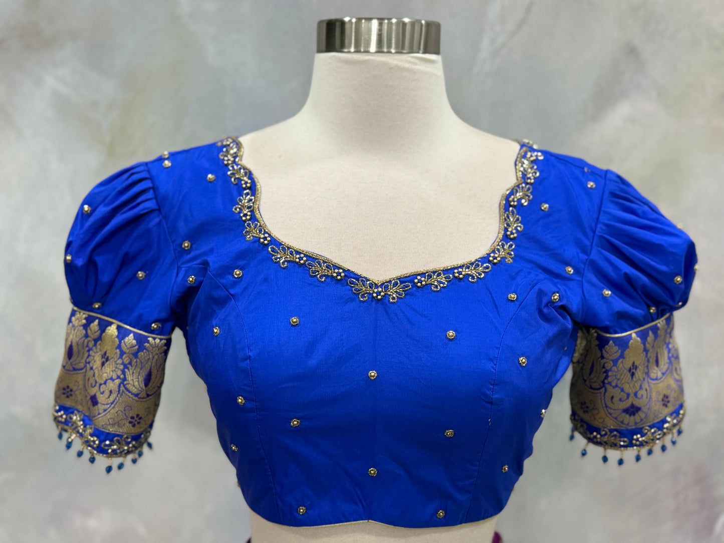 Beautiful Customized Banarasi silk half sarees in magenta purple and blue  hues Maggam work blouses and bead embellishments size 38 to 42