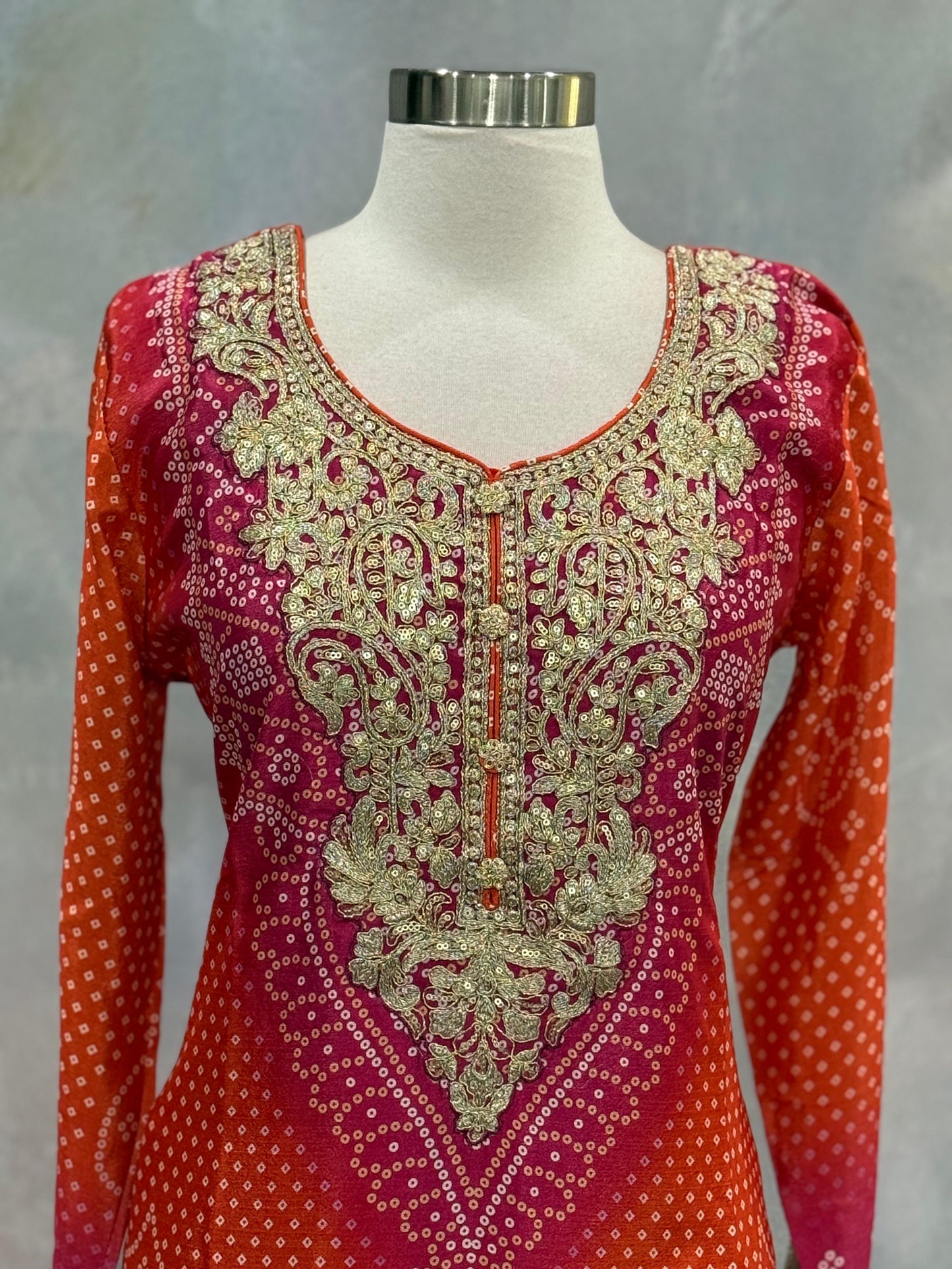 Pure Chinon dual shade orange and pink  Partywear  Palazzo Suit set sequence  Work  (Size 44) ready to ship USA, Wedding, Partywear outfit