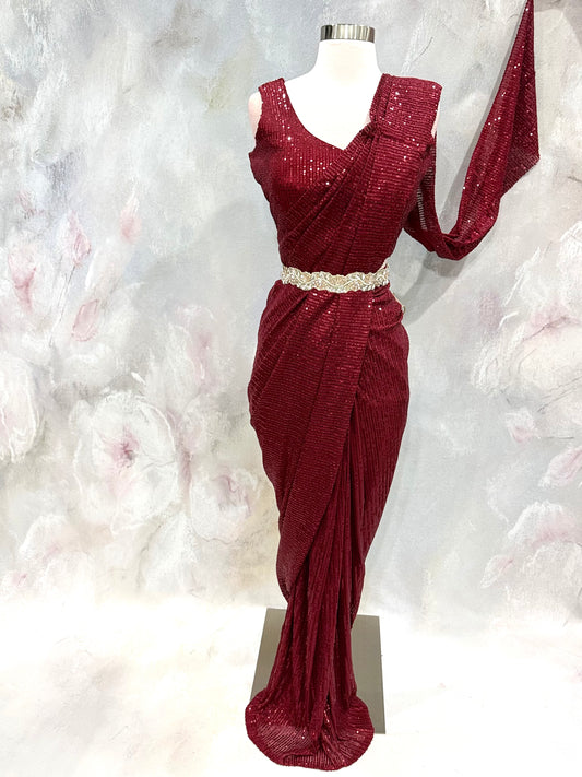 Gorgeous Ready to wear sequin sareee burgundy color sequin fabric size 38 ready to ship cocktail wedding sangeet Partywear dress