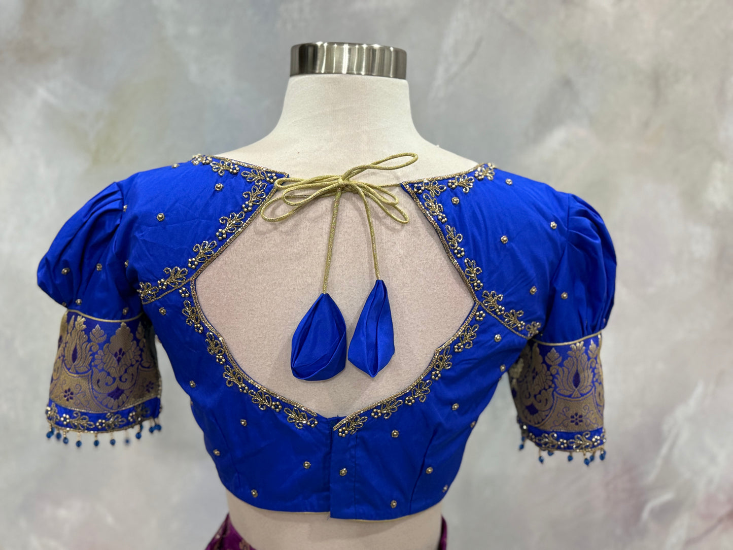 Beautiful Customized Banarasi silk half sarees in magenta purple and blue  hues Maggam work blouses and bead embellishments size 38 to 42