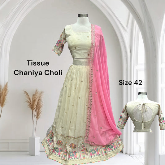 Elegant Off White Banarasi Tissue Silk Wedding Lehenga Choli – Heavy Embroidery & Sequin Work – Size XL 42 , chaniya choli, ready to ship usa