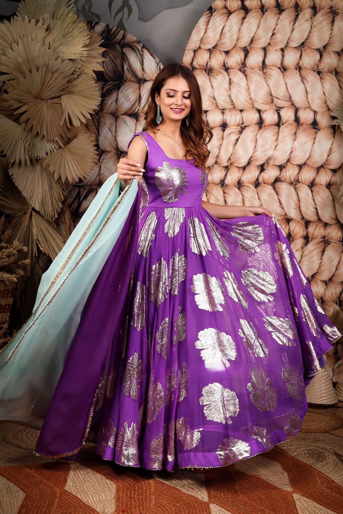 Lilac Stunning Anarkali Long Partywear Gown with Dupatta in Jacquard Georgette fabric latest design SLEEVELESS 56 inches long Perfect dress
